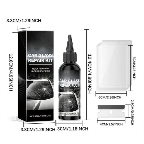 All-In-One Windshield Crack Repair Kit Upgrade 2026 Glass Repair Liquid bottle, films, and blades with dimensions