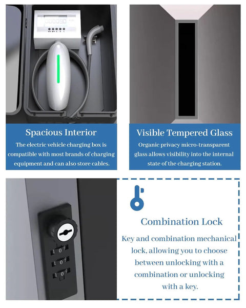 All Weather EV Charger Enclosure With Secure Keypad Lock For Tesla And Most Electric Vehicles showing spacious interior and combination lock.