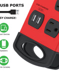 Close-up of Heavy Duty 15 Foot 8 Outlet Metal Surge Protector Power Strip With 2 USB Ports, 1960 Joules, Flat Plug, Red, showing USB ports
