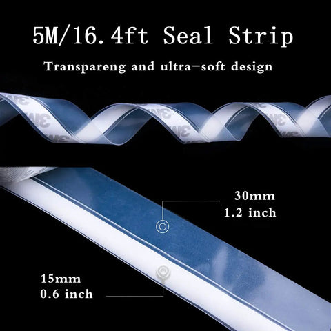 Transparent Silicone Door Seal Strip Self Adhesive Weather Stripping 5m roll with measurements for 15mm and 30mm gaps