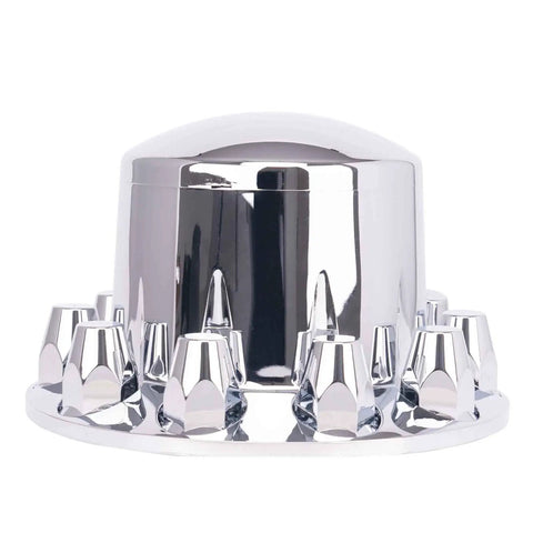 Close-up of Chrome Wheel Cover Set For Semi Trucks 33mm Lug Nut Covers with dome top, removable hub caps, and chrome finish.