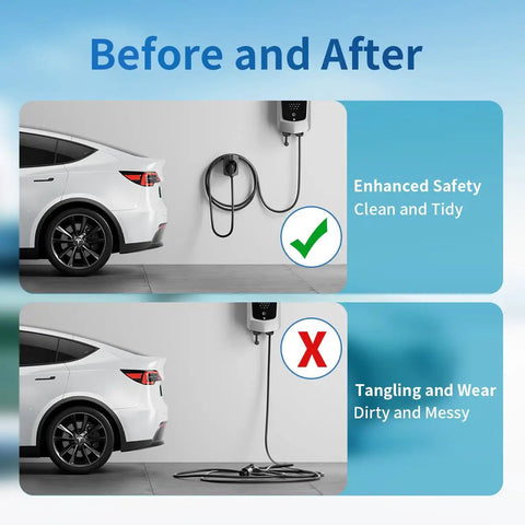 Hella Secure Ev Charger Holder Wall Mount For Sae J1772 Type 1 Cable Organizer before and after comparison of cable organization.