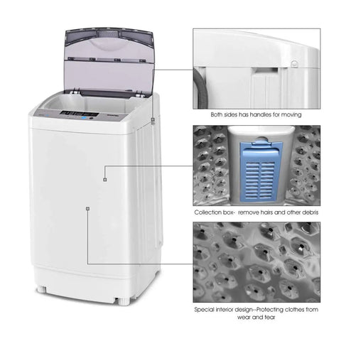 Straight Up Reliable Portable Full Automatic Washing Machine With Built In Drain Pump And Smart Digital Controls 12 Pound Capacity showing handles and interior design.