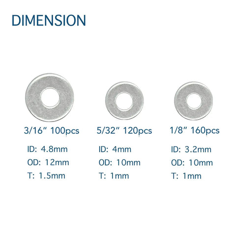 Sizes of silver backup washers from Dope All In One Aluminum Pop Rivet Washer Kit For 1/8 Inch, 5/32 Inch, 3/16 Inch Rivets, 350 Pc Assortment