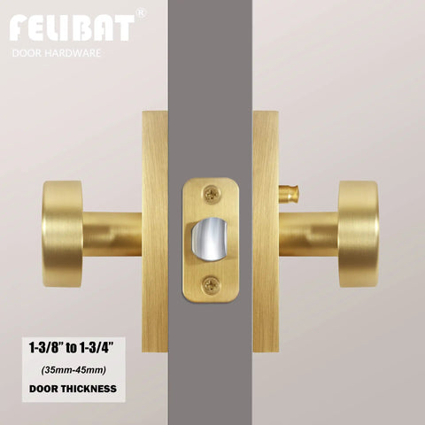 Privacy Door Knob Set With Lock For Bedroom And Bathroom Satin Brass Rectangle Rosette Handle Modern Interior Door Hardware Easy Thumb Turn Lock With Emergency Hex Key No Sweat Privacy Solution displayed on a door with visible thickness measurement.