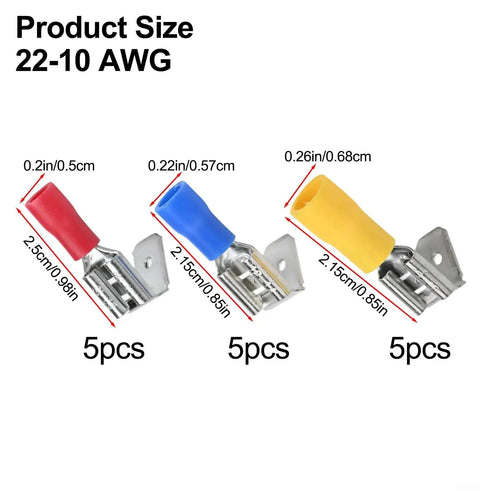 Super Cool Piggyback Spade Connectors For Quick 1 To 2 Wire Splits Easy Heat Shrink Terminals Waterproof Adhesive Line Fit 22 To 10 AWG Perfect For Cars Boats And Bikes No Solder Needed Reliable Electrical Repair Kit, 22-10 AWG sizes, red blue yellow