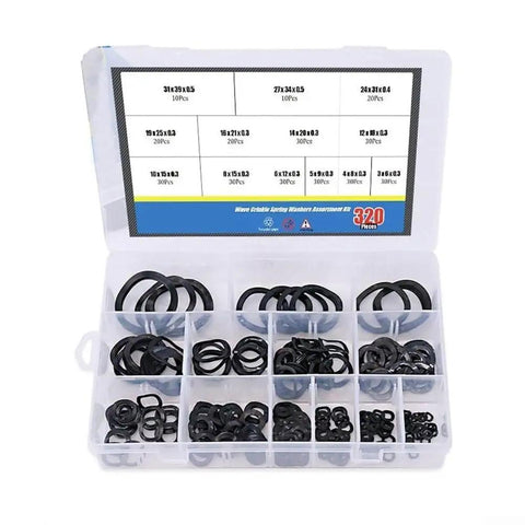 320 Piece Carbon Steel Curved Spring Washer Kit Black Crinkle Wave Washers Vibration Resistant For Electrical And Household Appliances Includes 15 Sizes From 3mm To 39mm Heavy Duty Set For Pros, plastic organizer case
