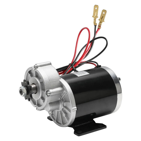 Heavy Duty 24V 450W Brushed Gear Motor Kit With Controller, close-up view showcasing wiring and gear assembly for ebikes and go karts.