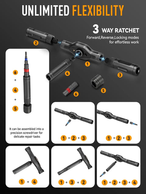 68 In 1 Pro Grade Ratcheting Screwdriver Set With 58 Tooth T Handle, showing assembly and configuration options.