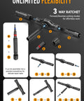 68 In 1 Magnetic Ratchet Screwdriver Set With T Handle And S2 Steel Bits shown in flexible configurations for repairs