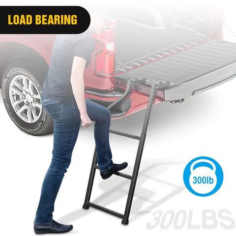 Foldable Truck Tailgate Ladder With Step Grip Plates For Pickup Trucks, Extendable Up To 42 Inches, Universal Fit For 34 To 42 Inch Cab Heights, Easy Install With Basic Tools, Durable Steel Construction For Safer Access showing 300 lb load bearing