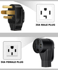 Nema 14 30P To 14 50R EV Charger Adapter Cord Total Breeze features a 30A male plug and a 50A female plug for EV charging.