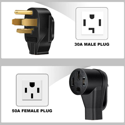 Nema 14 30P To 14 50R EV Charger Adapter Cord Total Breeze features a 30A male plug and a 50A female plug for EV charging.