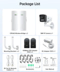 Package contents of Long Range Wireless Bridge Kit with 3MP IP Camera for barns, farms, ranches, including wireless bridges and accessories.