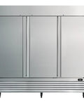 Rock Solid Commercial Workhorse Upright Freezer And Convertible Refrigerator With 72 Cubic Feet Capacity Frost Free Design slick stainless steel exterior view.