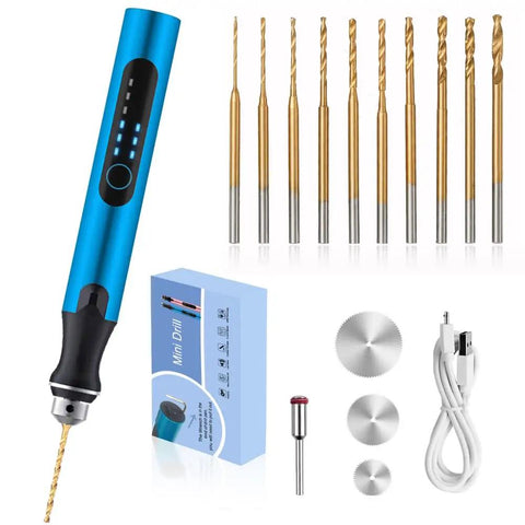 3 Speed Cordless Mini Drill Pen Kit With 10 Drill Bits Rechargeable Electric Hand Drill Pin Vise For Jewelry Making And Resin Crafts Pro Grade For Wood Plastic And Keychain DIY Projects In Blue displayed with box and accessories.