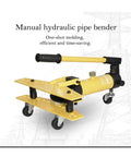 Manual hydraulic pipe bender with wheels, designed for efficient bending of tubing, featuring 10 ton power and premium grip.
