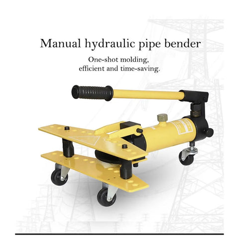 Manual hydraulic pipe bender with wheels, designed for efficient bending of tubing, featuring 10 ton power and premium grip.
