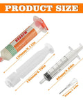 Product size comparison of No Clean Solder Flux Paste, Lead Free, 30mL with two metering tools for LED SMD PCB BGA soldering.