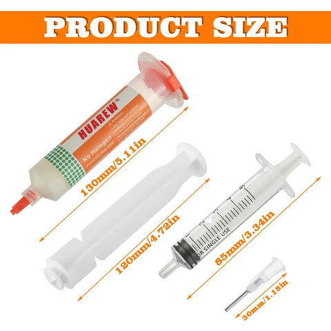 Product size comparison of No Clean Solder Flux Paste, Lead Free, 30mL with two metering tools for LED SMD PCB BGA soldering.