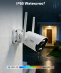 130 Degree Wide Angle Wireless Outdoor Security Camera System with Two Way Audio, mounted, weatherproof, IP65 rated