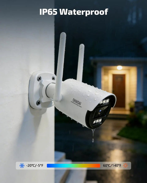130 Degree Wide Angle Wireless Outdoor Security Camera System with Two Way Audio, mounted, weatherproof, IP65 rated