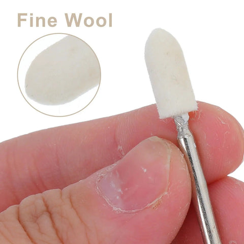 100 Piece Wool Felt Polishing Wheel Set With Steel Buffing Accessory For Delicate Precision Work And Consistent Finish On Valuable Objects In Your Rotary Buffing Kit - close-up of fine wool felt polishing wheel on a silver mandrel.