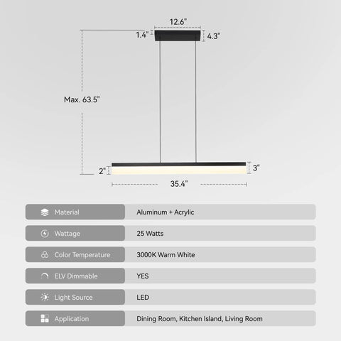 LED Linear Pendant Light 25W Black Hanging Bar Fixture For Kitchen Island And Dining Area 3000K Warm White dimensions chart