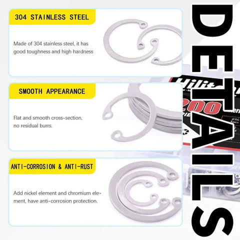 Internal Snap Ring Set 304 Stainless Steel, 200-Piece Assortment showing smooth and anti-rust details on packaging