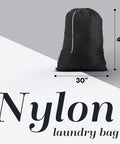 Heavy Duty Nylon Laundry Bag With Locking Drawstring, Large 30x40 Inch Capacity, Black bag with dimensions shown.