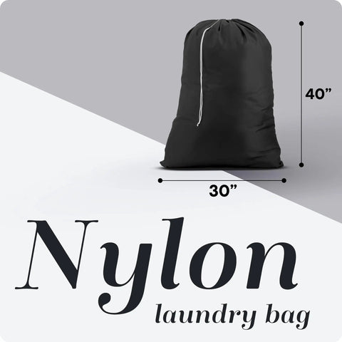 Heavy Duty Nylon Laundry Bag With Locking Drawstring, Large 30x40 Inch Capacity, Black bag with dimensions shown.