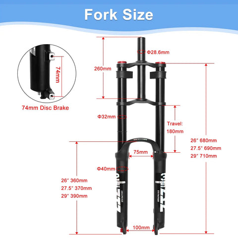 Air Suspension Front Fork For Mountain Bikes With 180mm Travel And Rebound Adjustment, 9x100mm Quick Release Size Diagram