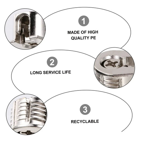 Close-up of Heavy Duty Eccentric Cabinet Connectors and Screw In Dowel Pins Dead Nuts showing durable silver zinc material details.