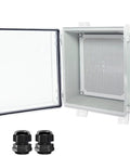 Rugged IP67 Waterproof ABS Junction Box With Hinged Clear Cover And Stainless Steel Latch, Includes 2 PG13.5 Cable Glands, Mounting Plate And Wall Bracket, Weatherproof Electrical Enclosure For Indoor Outdoor Use, open view