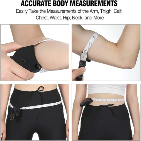 Three Pack 60 Inch Body Measuring Tapes With Auto Telescopic Fat Measure For Easy One Hand Use, Track Weight Loss, Muscle Gain, And Precise Body Measurements With Durable Fiberglass Tape, measuring waist and arm