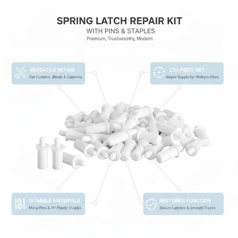 All In One 130 Piece Spring Latch Repair Kit With Metal Pins And PP Staples For Curtains Blinds And Cabinet Doors That Reattaches Detached Hooks Fixes Loose Slats And Replaces Worn Latches In A Snap., 130-piece set