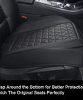 Premium Faux Leather Front Bottom Car Seat Cover With Grippy Anti Slip Wrap Around Lower Cushion Protector Durable Wear Resistant Water Repellent Fits Most Vehicles 1 Piece Black installed on car seat showing wrap-around design and texture