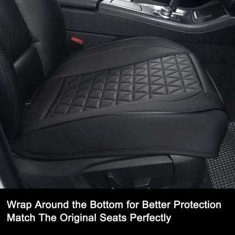 Premium Faux Leather Front Bottom Car Seat Cover With Grippy Anti Slip Wrap Around Lower Cushion Protector Durable Wear Resistant Water Repellent Fits Most Vehicles 1 Piece Black installed on car seat showing wrap-around design and texture