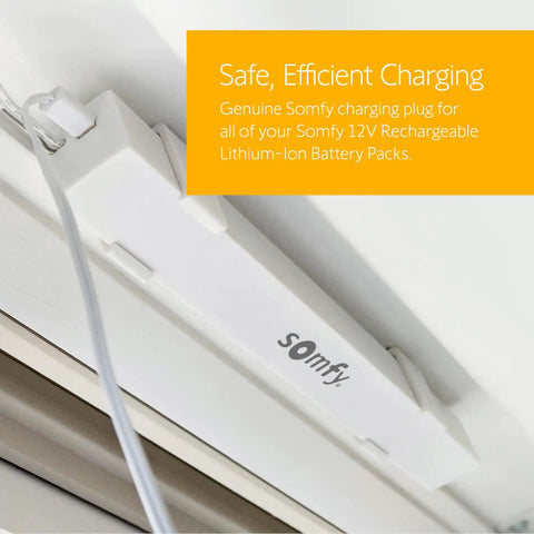 V2 Wirefree Motor Charger For External Battery Pack To Power Motorized Shades No More Battery Swaps Compatible With Sonesse 30 And 40 And Altus 28 3 Pin Connector LED Indicator 6 Foot Cable Lithium Ion Recharge On The Go showing white charge unit with cable