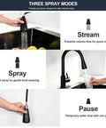 IKEBANA Black Kitchen Faucet with Pull Down Sprayer showing three spray modes: stream, spray, and pause options.