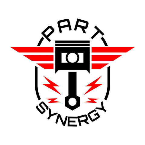 Illustration of a piston with red wings and the text 'PART SYNERGY' in bold lettering below.