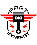 Part Synergy logo with red winged piston design and text around it