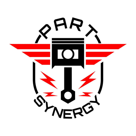 Part Synergy logo with red winged piston design and text around it