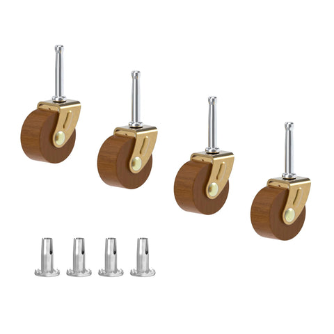 Wooden Furniture Caster Wheel Set 1 5/8 Inch Diameter With One Quarter Inch Stem pack of 4 brass-plated frames with wooden wheels