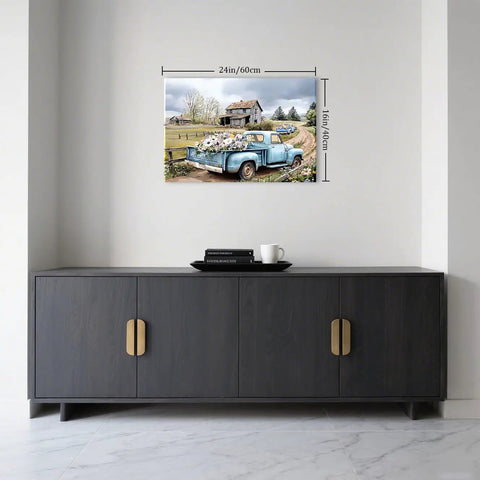 Blue Pickup Truck Wall Art For Farmhouse Decor 16x24 Rustic Canvas Print With White Daisies Barn Scene Countryside Cozy Rustic Vibe