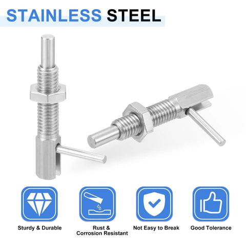Stainless Steel Retractable Index Plunger Pin, Spring Loaded Positioning Latch With Nut, M8 Thread in close-up view.