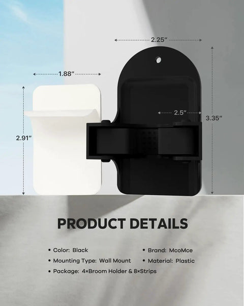 Beefy Heavy Duty Broom Holder Wall Mount Set Of 4 Black Metal Bracket dimensions and details on blue and gray background.