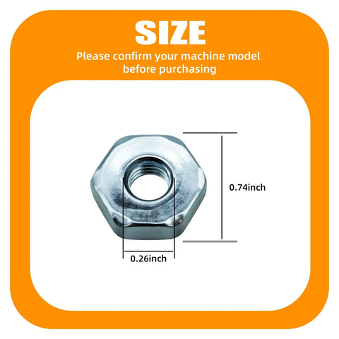 Size diagram of a sprocket cover bar nut, part of the Sprocket Cover Bar Nut Kit For Stihl MS171 MS181 MS192T MS211 MS231 MS251 MS291 MS311 MS361 MS362 MS391 MS441 MS461 Chainsaws Replacement Parts Pack Of 2.