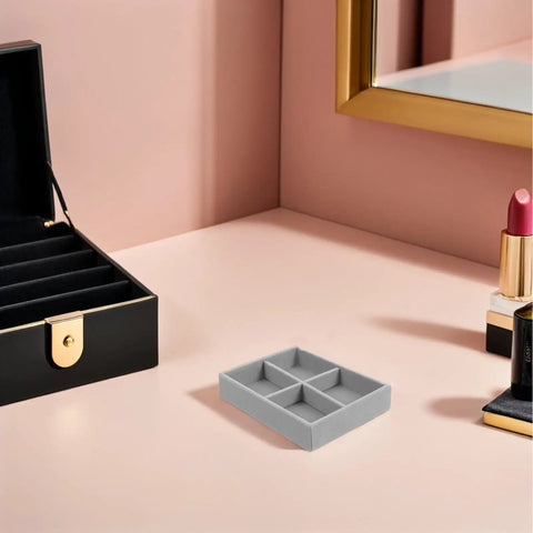 Velvet Jewelry Organizer Tray With Four Grid Compartments Stackable Minimalist Ring And Bracelet Tabletop on dresser.