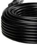 Heavy Duty Outdoor Power Stake With A Rock Solid 100 Ft Extension Cord coiled, showing black durable cord for outdoor use.